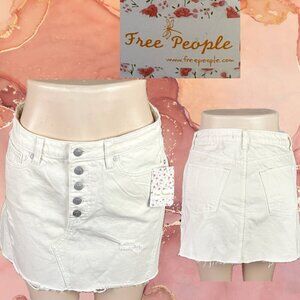 Free People 29 Cream Distressed Button Fly 5 Pocket Cotton Mini Jean Skirt